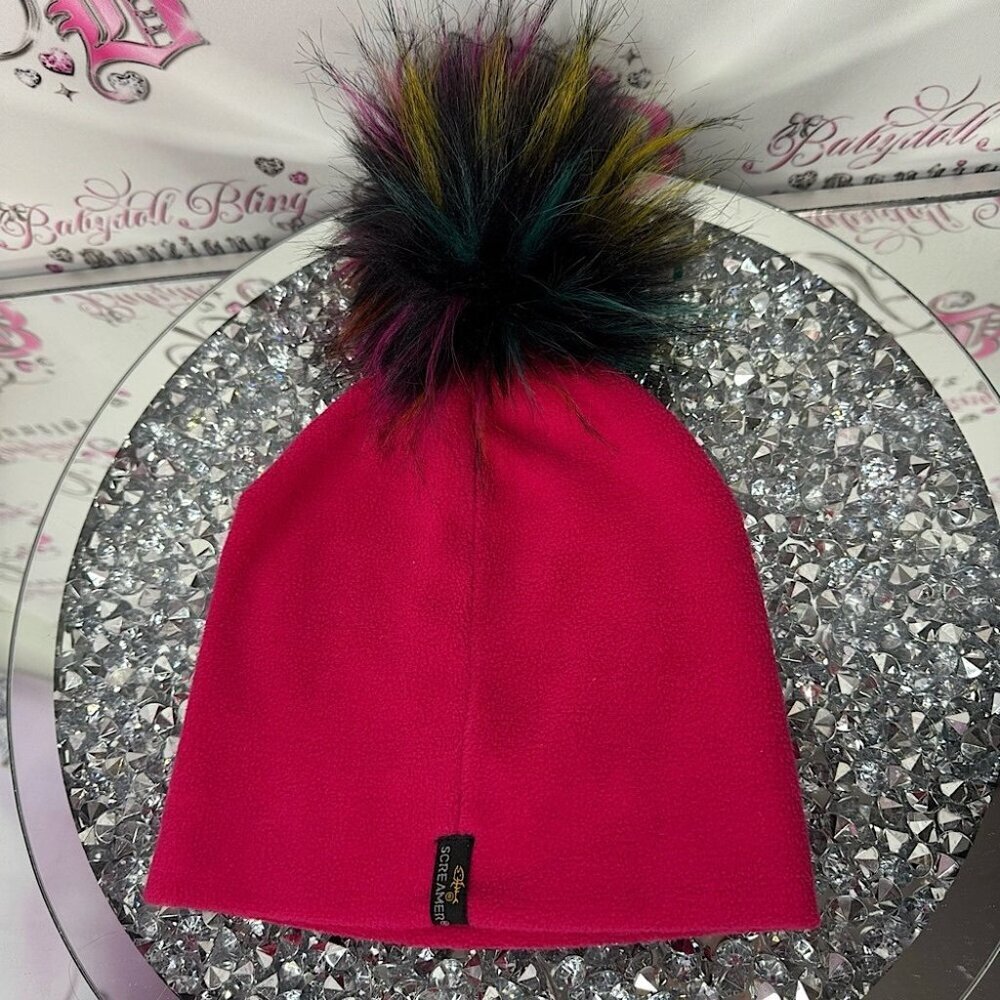 Screamer hat toque beanie Pom Pom multicolor fluff ball pink fleece winter hat